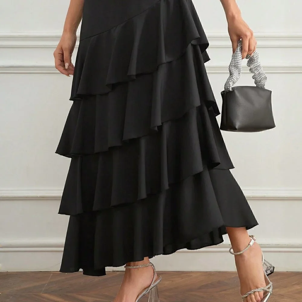 Black Preppy Women's Multi-Layer Ruffle Hem Midi Skirt